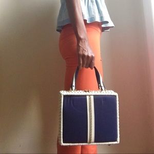 Vintage 60’s White & Navy Wicker Box Purse